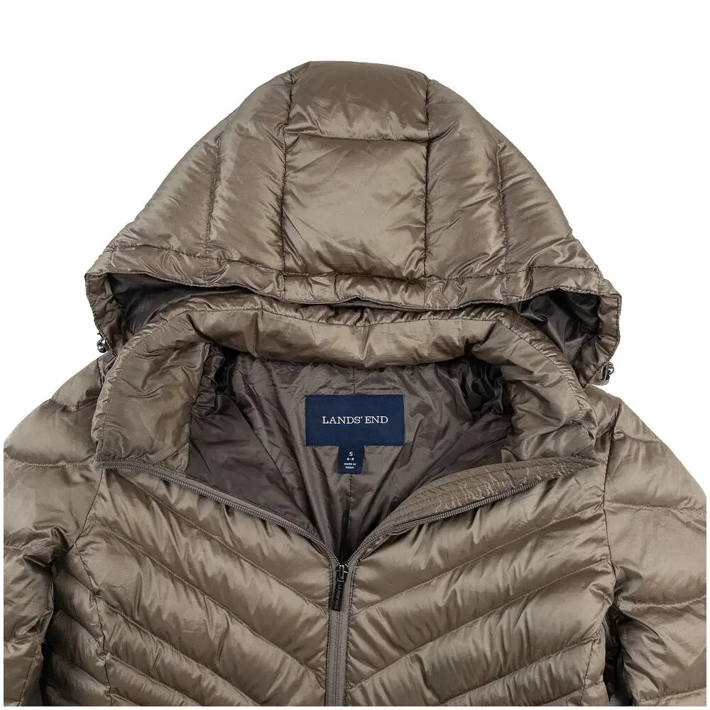 Lands’ End Wanderweight Down Coat Women S Brown Packable Hooded Mid Length